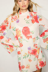 Perfected Charm Ivory Multi Floral Bell Sleeve Mini Shift Dress
