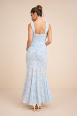 Celeste Light Blue Floral Burnout Bustier Maxi Dress