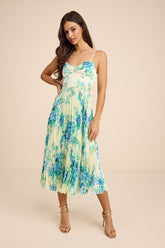 Francette Yellow Floral Satin Pleated Midi Dress