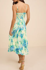 Francette Yellow Floral Satin Pleated Midi Dress