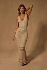 Nella Taupe Crochet V-Neck Maxi Swim Cover-Up