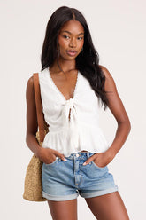 Admirable Cutie White Tie-Front Ruffled Sleeveless Top