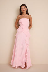 Brylee Light Pink Pleated Ruffled Maxi Dress