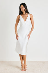 Deloise White Satin Lace Slip Midi Dress