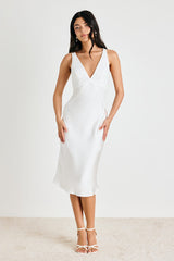 Deloise White Satin Lace Slip Midi Dress