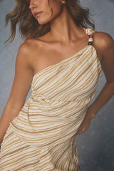 Vanna White and Brown Striped Tie-Back Top