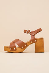 Yanni Tan Wooden Platform Ankle Strap Sandals