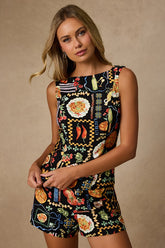 Ciao Bella Black Multi Convo Print Boat Neck Top