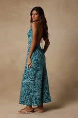 Lost Paradise Teal Leaf Print Maxi Dress