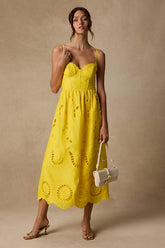 Jenora Yellow Embroidered Bustier Midi Dress