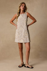 Francisca White and Brown Striped Embroidered Mini Dress
