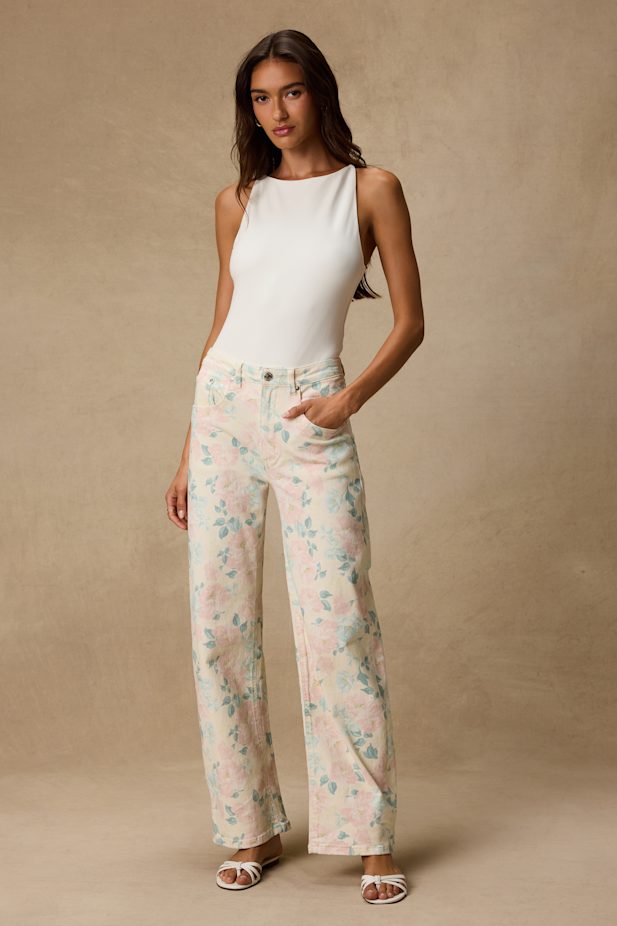 Sydnee Cream Multi Floral Wide-Leg Jeans