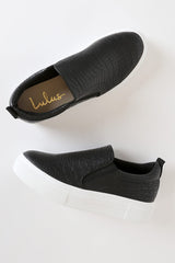 Cassay Black Crocodile-Embossed Platform Slip-On Sneakers