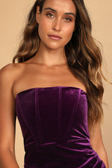 Glamorous Celebrations Dark Purple Velvet Strapless Tulip Dress