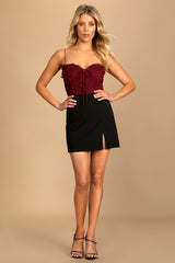 Some Nights Burgundy Lace-Up Ruched Sleeveless Bodysuit