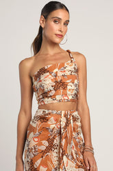 Something Wild Brown Multi Print Pleated One-Shoulder Crop Top