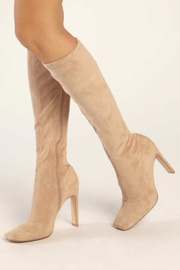 Loriah Light Nude Suede Square Toe Knee High Boots