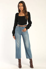 Trendy Classic Black Ribbed Knit Balloon Sleeve Top