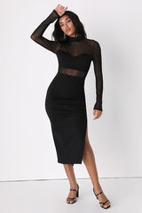 Sensational Soiree Black Mesh Long Sleeve Bodycon Midi Dress