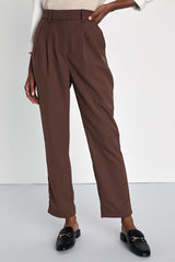 Posh Promotion Brown Twill High Rise Tapered Trouser Pants