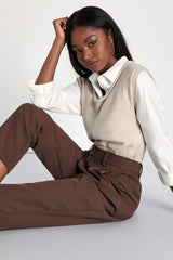 Posh Promotion Brown Twill High Rise Tapered Trouser Pants