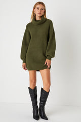 Casual Coziness Olive Green Waffle Knit Cowl Neck Sweater Dress