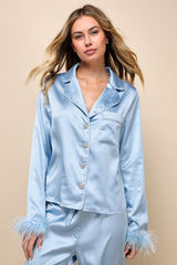 Dreamiest Delight Light Blue Satin Feather Two-Piece Pajama Set