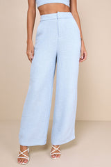 Chic and Sophisticated Light Blue Tweed Wide-Leg Pants