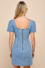 Dreamy Stroll Medium Wash Short Sleeve Denim Mini Dress