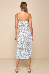 Poise and Perfection Ivory Floral Print Pleated Midi Dress