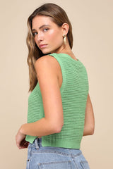 Aesthetic Ease Green Pierced Knit Button-Front Cropped Tank Top