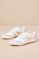 Badminton Off White and Gold Color Block Suede Leather Sneakers