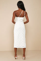 Truly Poised Ivory Textured 3D Floral One-Shoulder Midi Dress