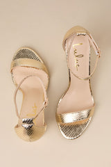 Taylor Light Gold Snake-Embossed Ankle Strap Heels