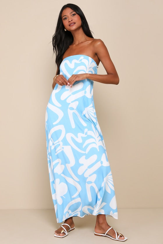 Summering in S��o Paulo Light Blue Abstract Strapless Maxi Dress
