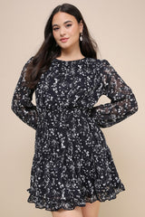 Too Cute Navy Blue Floral Print Smocked Long Sleeve Mini Dress