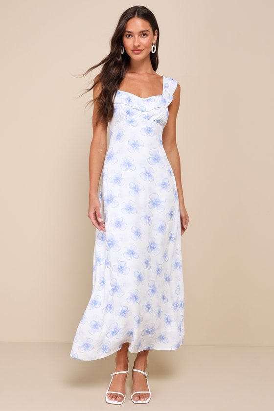 Exceptionally Lovely White and Blue Floral Ruffled Midi Dress