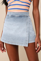 Definite Perfection Light Wash Denim Faux Wrap Skort