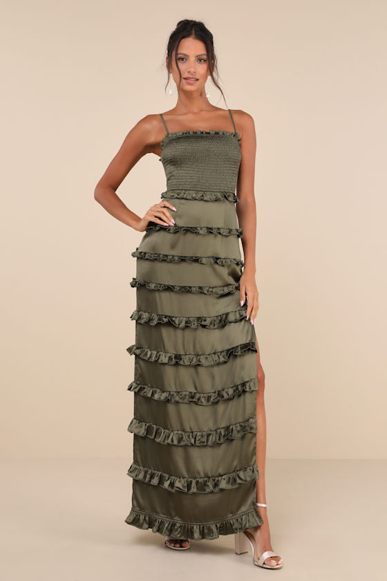 Sincerely Fabulous Olive Green Satin Smocked Ruffled Maxi Dress