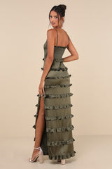 Sincerely Fabulous Olive Green Satin Smocked Ruffled Maxi Dress