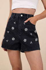 Easygoing Glow Black Denim Rhinestone High-Rise Shorts