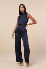 Classic Elegance Navy Blue Satin Sleeveless Mock Neck Jumpsuit