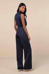 Classic Elegance Navy Blue Satin Sleeveless Mock Neck Jumpsuit