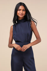 Classic Elegance Navy Blue Satin Sleeveless Mock Neck Jumpsuit