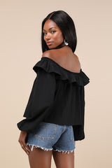 Dreamy Perception Black Ruffled Long Sleeve Off-the-Shoulder Top