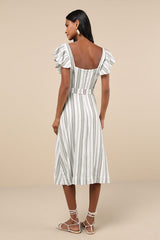 Mediterranean Moves Olive Striped Flutter Sleeve Midi Dress