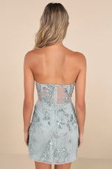 Unreal Date Sage Blue Sequin Embroidered Strapless Mini Dress