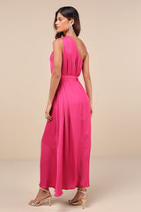 Goddess Aura Fuchsia Satin One-Shoulder Maxi Dress