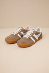 Elan Tobacco and White Color Block Suede Leather Sneakers