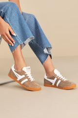 Elan Tobacco and White Color Block Suede Leather Sneakers